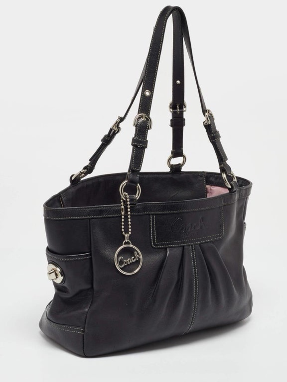 Vintage Coach Black Leather Shoulder Tote with Signature Charm